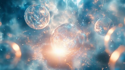 Wall Mural - luminous, ethereal orbs float amidst wispy clouds and twinkling lights, creating a dreamlike, otherw