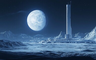 Wall Mural - lunar landscape, with futuristic building. moon glows brightly above cold, barren terrain