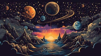 Wall Mural - celestial landscape featuring vibrant planets above mountainous terrain, reflected in rippling water