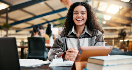 Fototapete - Education, portrait and student woman in library of college campus for learning or study. Books, scholarship and tablet with happy person at university for assignment, development or research
