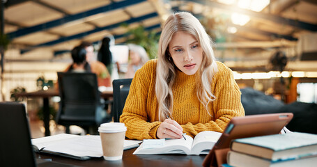 Fototapete - Library, tablet and woman learning in university while reading textbook, knowledge or writing notes for research. Technology, college and serious student study for exam, education or test preparation