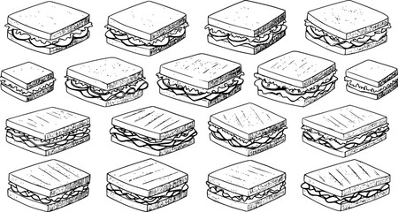 Collection of hand-drawn sandwiches showcasing diverse types and fillings in black and white design
