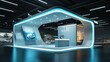 © Erisna Yolanda - Modern exhibition booth design with light blue accents, featuring a curved structure, showcasing technology and sleek furniture