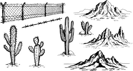 vector set of Illustration of desert landscape elements featuring barbed wire fences, cacti, and mountains in a sketch style
