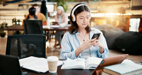 Fototapete - Student, smartphone and woman in library, headphones and sound with studying podcast. Streaming music, university and person with headset, cellphone and education with app for radio, song and audio
