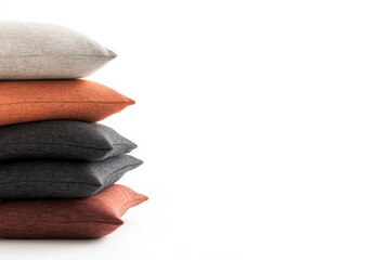 Poster - Stack of decorative pillows arranged in neutral tones, highlighting subtle textures, perfect for design projects, with clear space for text on the right