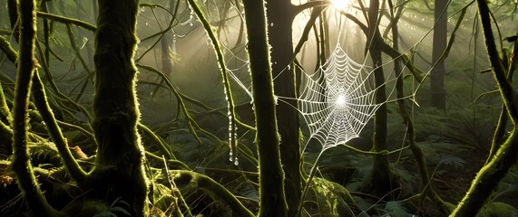 Wall Mural - Spider web woven among mossy branches dripping with sparkling dew droplets in early morning forest light