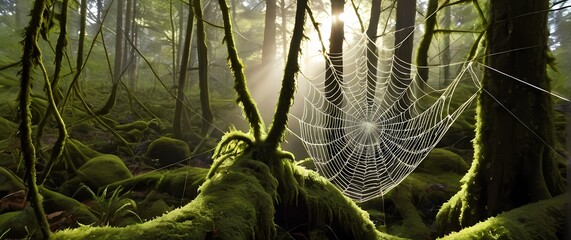 Wall Mural - Spider web stretched between moss covered branches glistening with morning dew light filtering softly through forest canopy