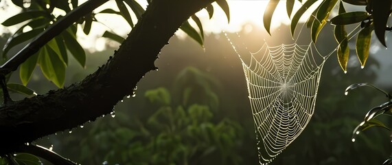 Wall Mural - Spider web shining with early morning dew droplets stretched between tropical tree branches in soft light