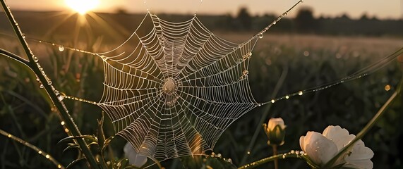 Wall Mural - Spider web bejeweled with dewdrops stretched between flower stems shimmering in soft dawn light