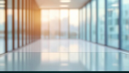 Poster - Empty glass table displaying blurred modern office background
