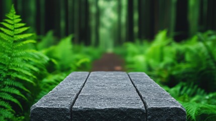 Aufkleber - Stone table displaying hiking gear in lush misty forest