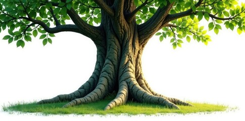 Wall Mural - the isolated base of a large tree trunk with green foliage in pure white environment, botanical, , b