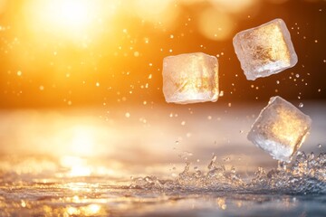 Poster - Ice cubes drift mid-air, reflecting light and creating a dreamy effect. The warm bokeh backdrop enhances their cool clarity with ample copy space