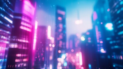 Poster - Softly overlapping blue and pink bokeh lights evoke a magical feeling, suggesting a lively futuristic city filled with possibilities and mystery