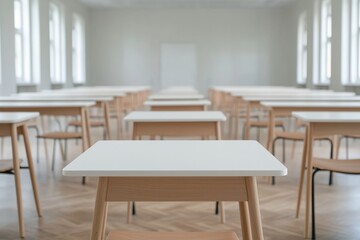 Aufkleber - Empty classroom with focus on desk: ready for exam preparation