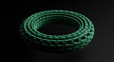 Abstract Green Torus Composed of Bricks in Isolated Black Background