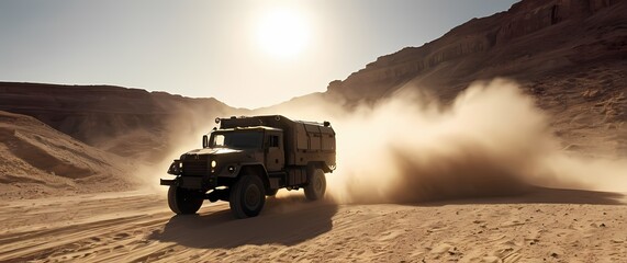 military truck climbing uneven desert terrain throwing up clouds of swirling dust under clear bright