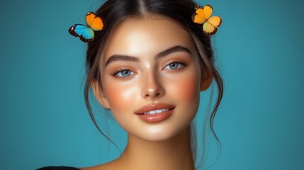 Wall Mural - woman with butterfly hair clips and a blue background. she is smiling and has a bright, happy expres