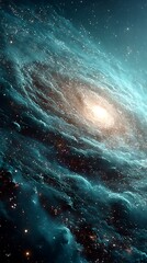 Wall Mural - Spiral Galaxy Illustration with Glowing Stars and Blue Nebulae in Deep Space