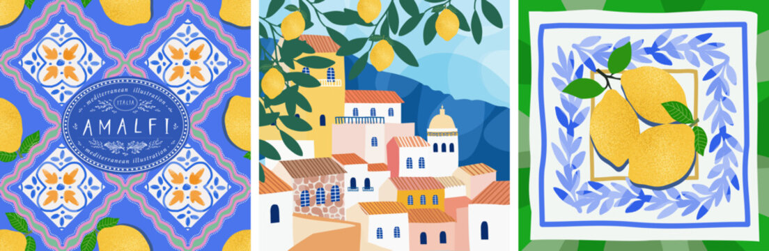 Italian tile. Amalfi. Vector aesthetic illustration of Italian town Positano, lemons, seamless pattern blue ceramics, ornament, Mediterranean mosaic for background, card, postcard, poster, invitation 