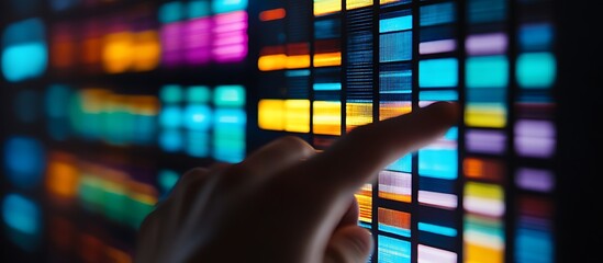Hand interacting with a colorful grid display