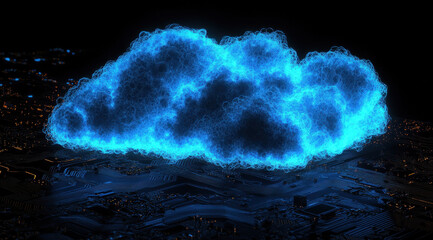 Wall Mural - Luminous Cloud at Night: A mesmerizing night scene features a glowing, electric blue cloud hovering above a textured surface.