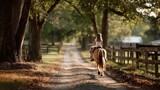 Child riding pony farm path realistic photograph natural setting rear view midjourney concept
