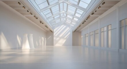 Aufkleber - 白を基調としたモダンな建築空間 幾何学的な形状の天井と床の光沢が特徴的な明るい内装