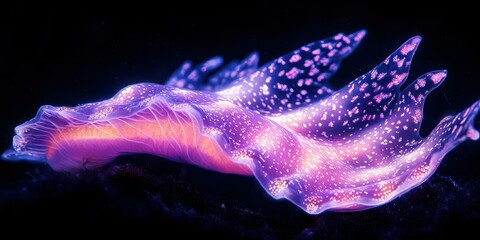 Wall Mural - a macro shot of a rare nudibranch with glowing pink and purple tones, showcasing its unique beauty