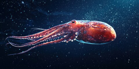 Wall Mural - a mysterious giant squid emerging from the abyss, its red body contrasting with the dark blue water