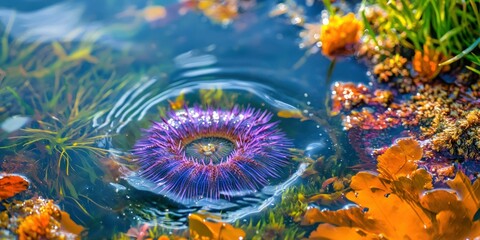 Wall Mural - a vibrant purple sea urchin resting in a shallow tidal pool, surrounded by colorful marine plants
