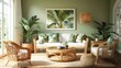 © wicha - A vibrant tropical-themed living room with rattan furniture, palm prints, and fresh green plants.