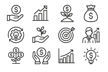 vector icon set depicting financial growth concepts with hand illustrations, graphs, and monetary sy