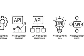 Vector icon set showcasing various API integration concepts and frameworks for technology applications and development purposes