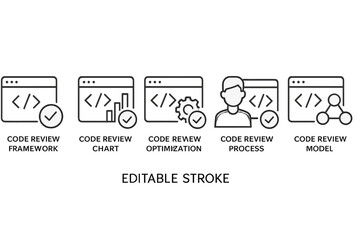 Vector icon set illustrating various aspects of code review processes in software development