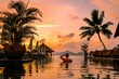 © Fokke Baarssen - A young man enjoys a tranquil moment by a luxury swimming pool as the sun sets over the stunning Seychelles islands in La Digue. The serene environment invites relaxation and escape.