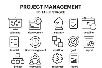 vector icon set depicting project management concepts including planning, development, and teamwork 
