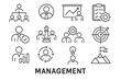 © Andrei - Vector icon set depicting various aspects of management including teamwork, planning, analysis, and strategy in a professional context