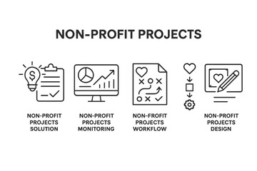 Vector icon set showcasing various aspects of non-profit projects including solutions, monitoring, workflow, and design