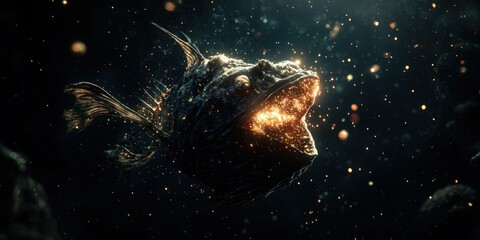 Wall Mural - a deep-sea anglerfish drifting through the black abyss, surrounded by tiny glowing particles
