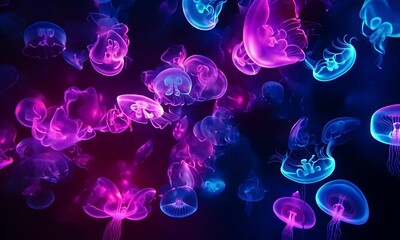 Wall Mural - neon jellyfish pulsating with radiant colors in an underwater galaxy setting made with generative ai
