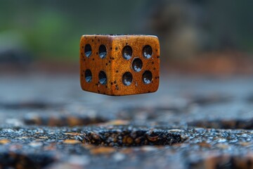 Poster - An isolated wooden dice floats above a wet textured surface