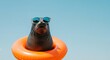 © GS-Studio - A cool seal wearing sunglasses and floating in an orange inflatable ring. The seal is enjoying a sunny day with a clear blue sky in the background