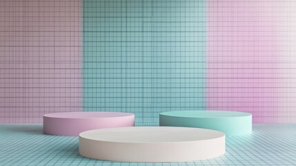 pastel podiums, grid background, product display