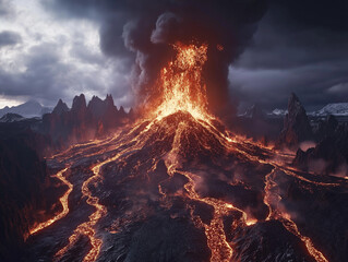 Wall Mural - a wide angle shot of a volcanic eruption with lava flowing down