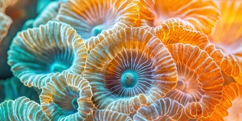 Wall Mural - a magnified view of colorful coral polyps, showing their detailed structure and movement
