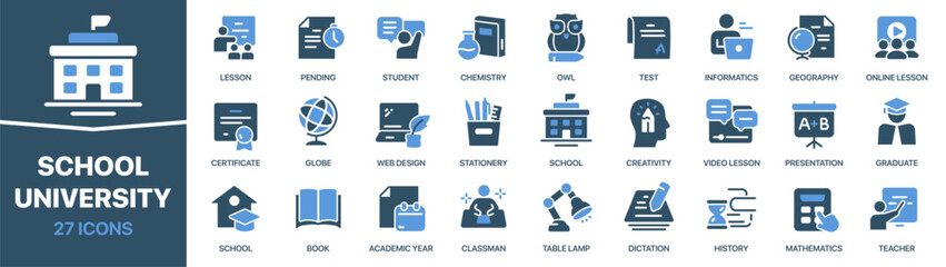 Poster - School and university colored signed icon collection. Education, knowledge, student, graduate, book icons. UI icon set. Colored icons pack. Vector illustration