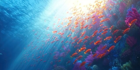 Wall Mural - a massive school of colorful fish moving in sync over a coral reef, with sunlight filtering through 