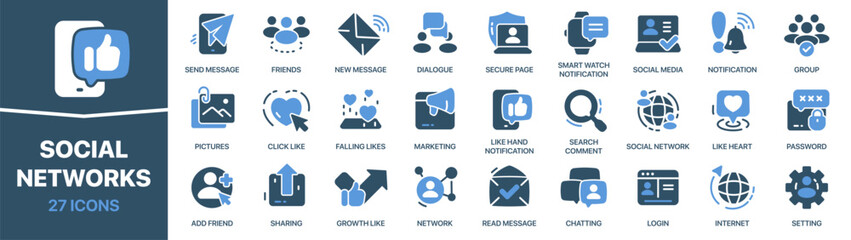 Social networks colored signed icon collection. Message, friends, notification, internet, chatting icons. UI icon set. Colored icons pack. Vector illustration